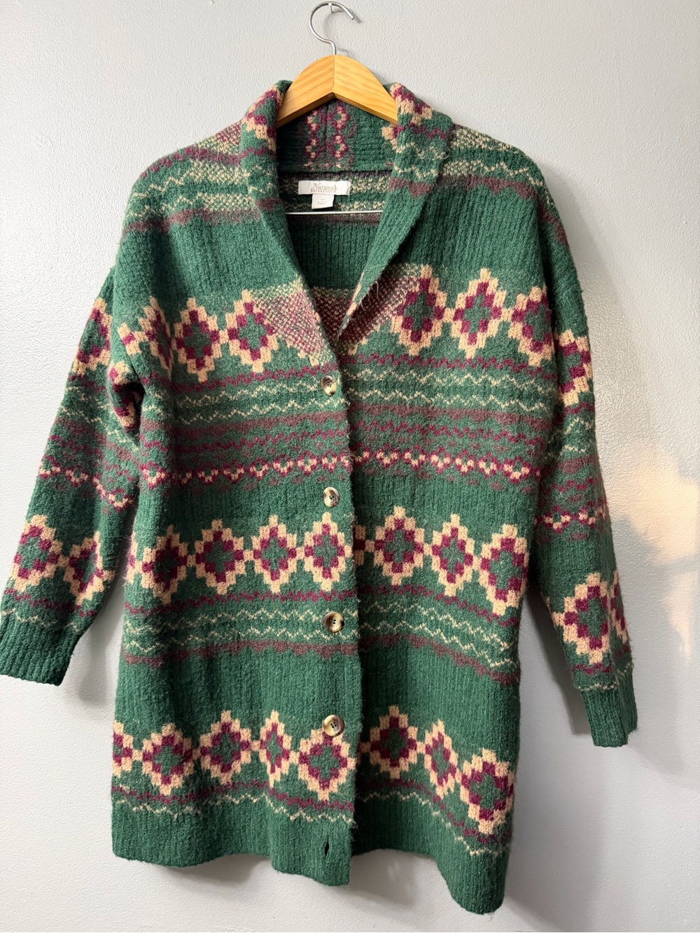 Natural Reflections Wool-Blend Green Patterned Button-Up Cardigan Sweater medium